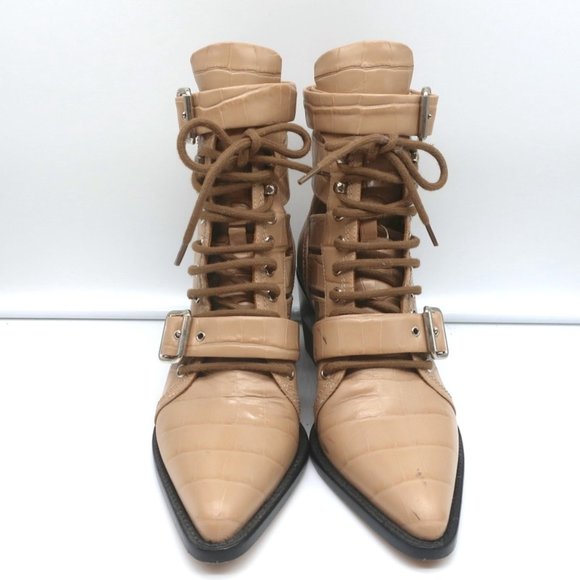CHLOE RYLEE CUTOUT LACE-UP ANKLE BOOTS BEIGE CROC-EFFECT LEATHER SIZE 38.5 - Picture 4 of 12